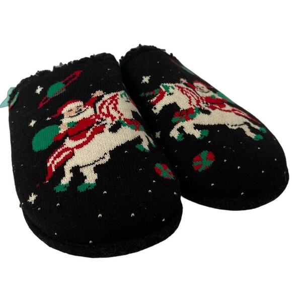 NWT REEF x Tipsy Elves Men's Santa Unicorn Reef Slippers Faux Fur Black Size 9 - Picture 1 of 9